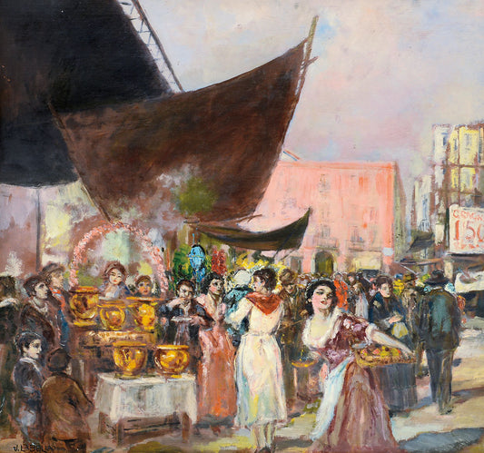 Market in Naples, vintage artwork by Vincenzo La Bella, 12x8" (A4) Poster