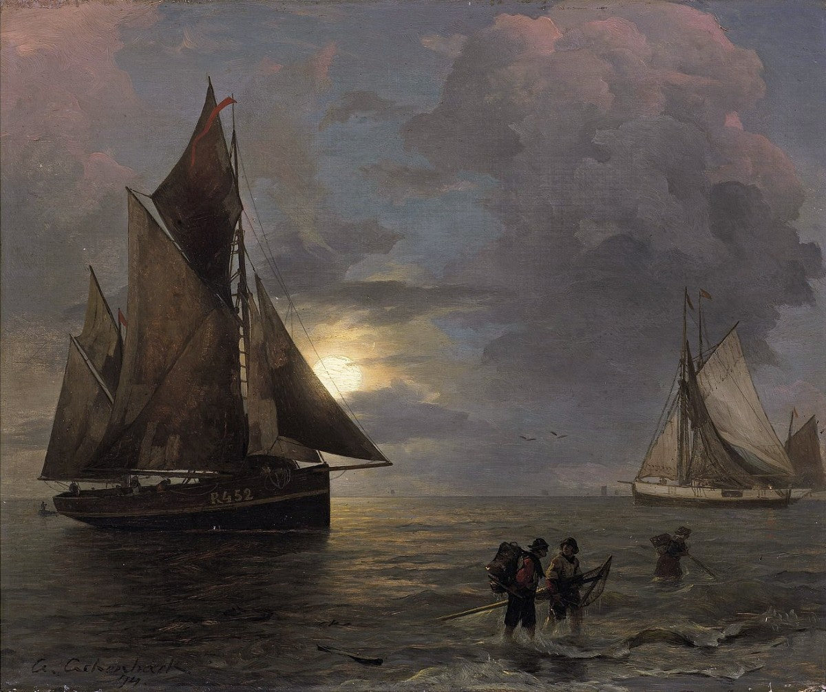 Moonlit Coastal Landscape with Sailing Ships, vintage artwork by Andreas Achenbach, A3 (16x12") Poster Print