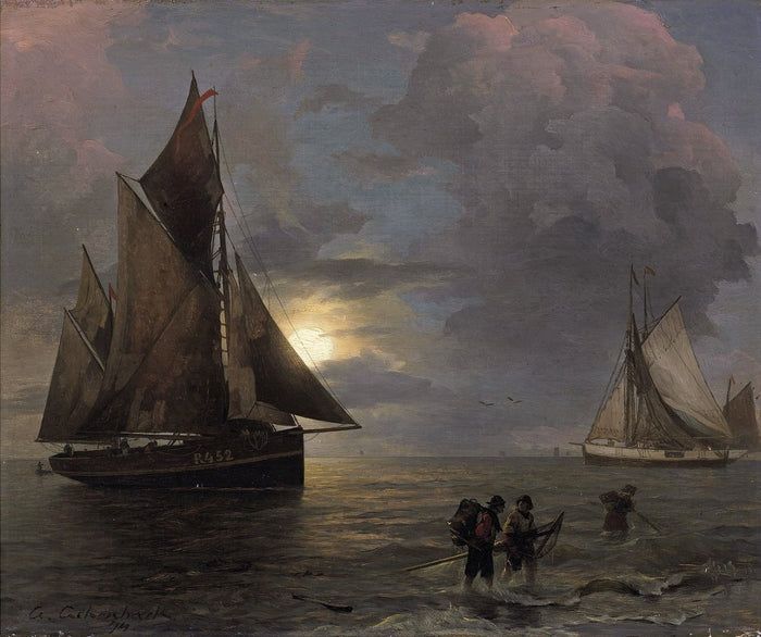 Moonlit Coastal Landscape with Sailing Ships, vintage artwork by Andreas Achenbach, A3 (16x12