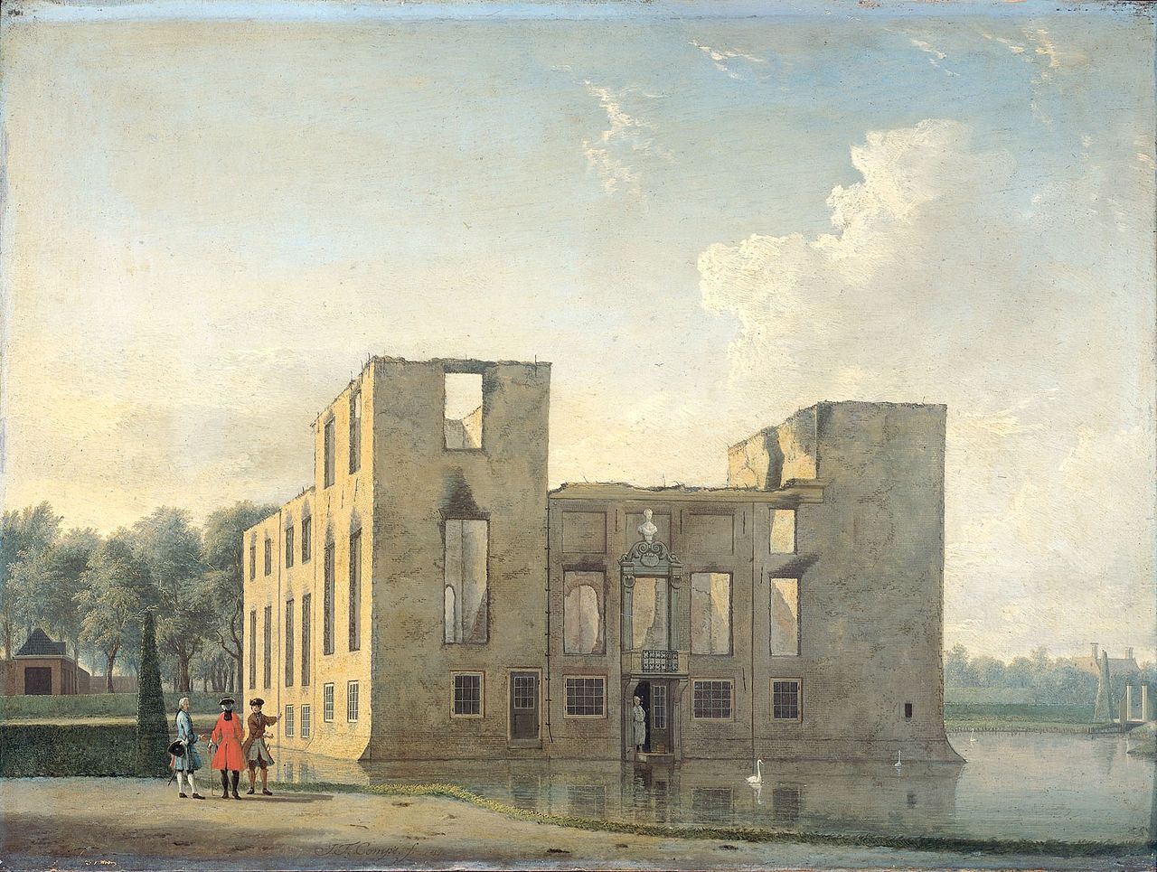 Berckenrode Castle in Heemstede after the fire of 4-5 May 1747: rear view, vintage artwork by Jan ten Compe, 12x8" (A4) Poster
