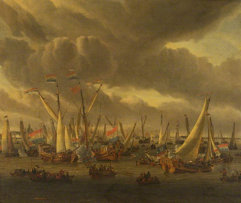 An Incident on a Mock Fight on the River Y, Amsterdam, in Honour of Peter the Great, 1 September 1697, vintage artwork by Abraham Jansz. Storck, 12x8" (A4) Poster