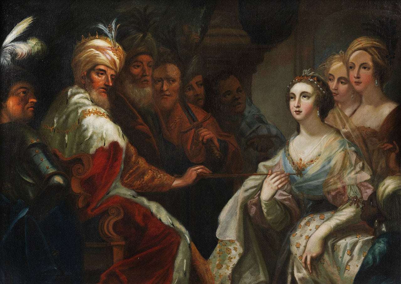 Esther before King Ahasuerus, vintage artwork by Andrea Celesti, 12x8" (A4) Poster