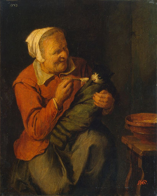 Peasant Woman with a Cat, vintage artwork by David Ryckaert III, 12x8" (A4) Poster