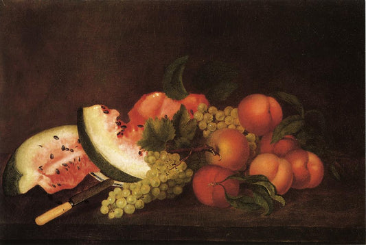 Still Life with Grapes, Watermelon, and Peaches, vintage artwork by Rubens Peale, 12x8" (A4) Poster