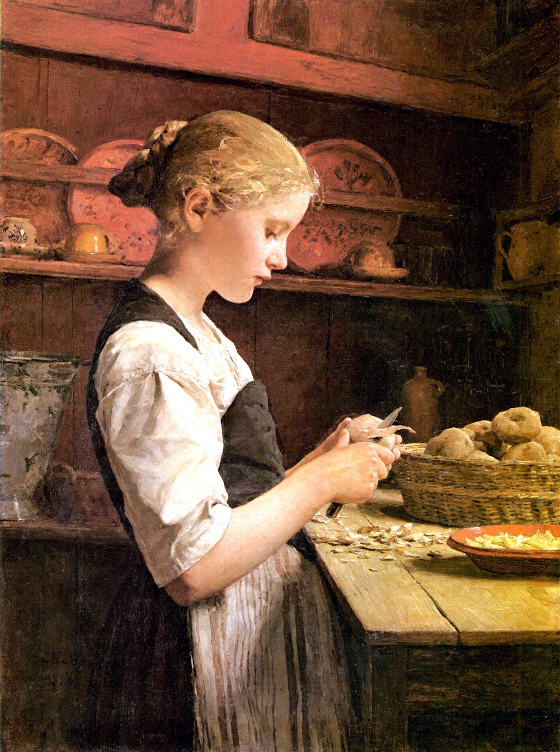 Girl Peeling Potatoes, vintage artwork by Albert Anker, 12x8" (A4) Poster