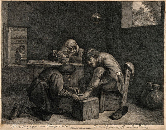 A surgeon treating the foot of a male patient, vintage artwork by Cornelis Visscher, 12x8" (A4) Poster