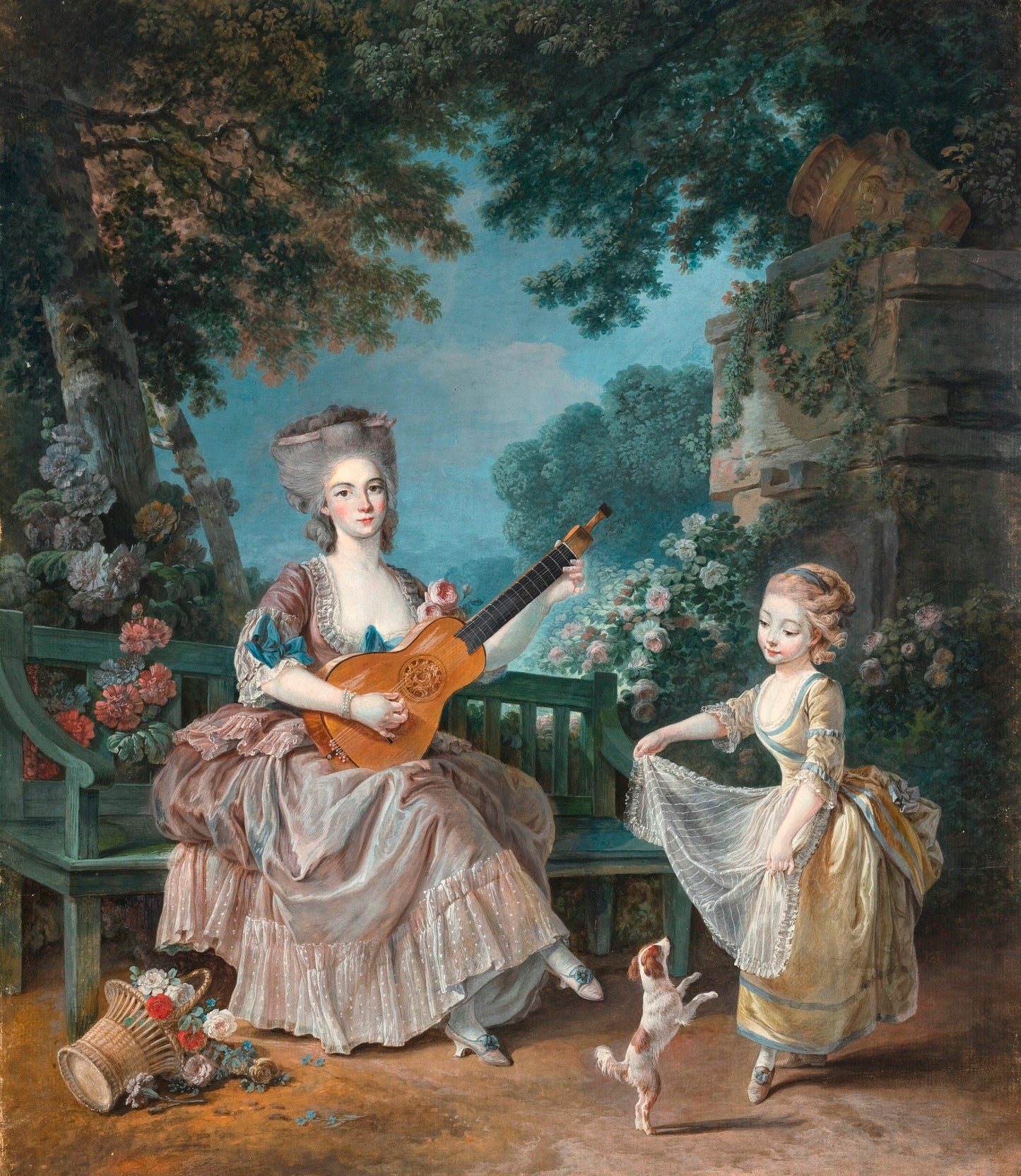 A Lady Playing Guitar and a Child Playing with a Dog in a Garden, vintage artwork by Louis de Trinquesse, 12x8" (A4) Poster