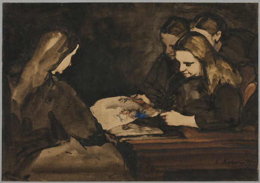 Four Girls Studying a Drawing, vintage artwork by Theodule-Augustin Ribot, 12x8" (A4) Poster