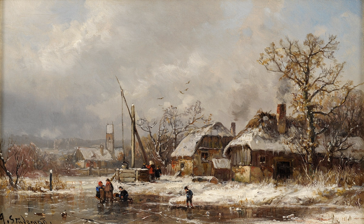 Village in Winter, vintage artwork by Adolf Stademann, 12x8" (A4) Poster