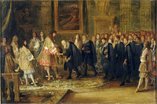 Louis XIV Receiving the 13 Swiss Ambassadors, vintage artwork by Charles Le Brun, 12x8" (A4) Poster