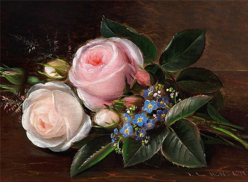 A bunch of roses and forget-me-nots on a sill, vintage artwork by Johan Laurentz (J.L.) Jensen, A3 (16x12") Poster Print