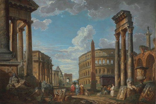 An architectural capriccio with figures among Roman ruins, vintage artwork by Giovanni Paolo Panini, 12x8" (A4) Poster