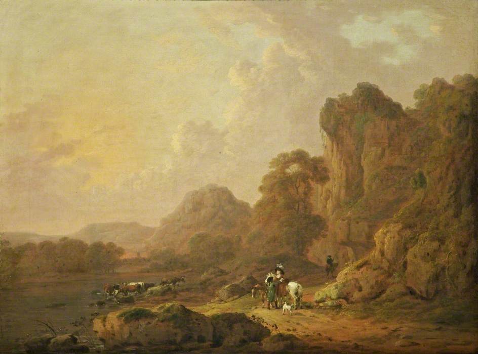 Mountain Landscape with Travellers on a Lakeside Path, vintage artwork by Julius Caesar Ibbetson, 12x8" (A4) Poster