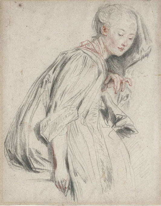 A Seated Young Woman, vintage artwork by Jean-Antoine Watteau, 12x8" (A4) Poster