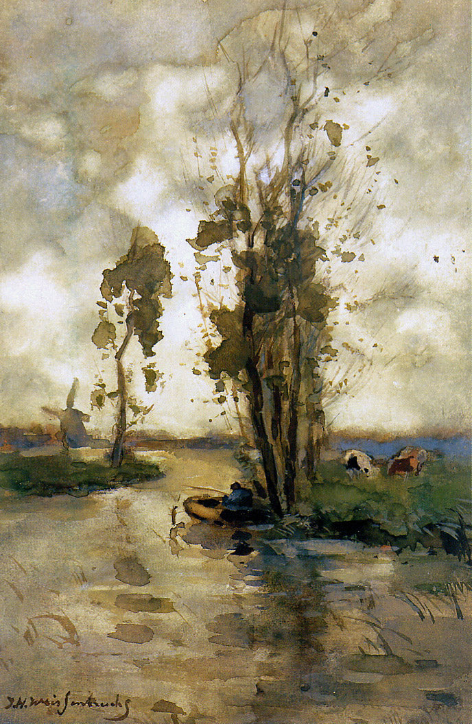 Fisherman in polder landscape, vintage artwork by Johan Hendrik Weissenbruch, 12x8" (A4) Poster
