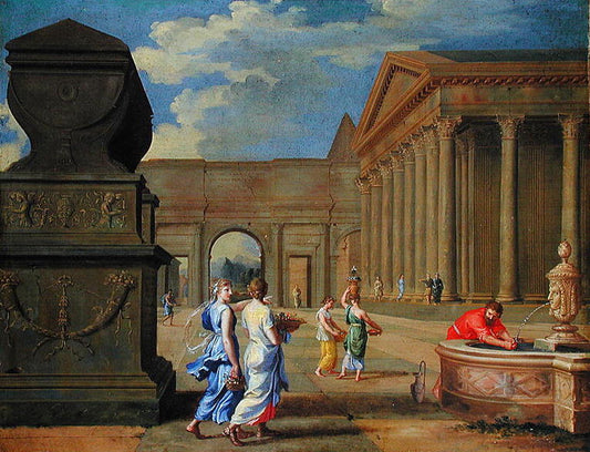Architectural Landscape with Characters, vintage artwork by Jean Lemaire, 12x8" (A4) Poster