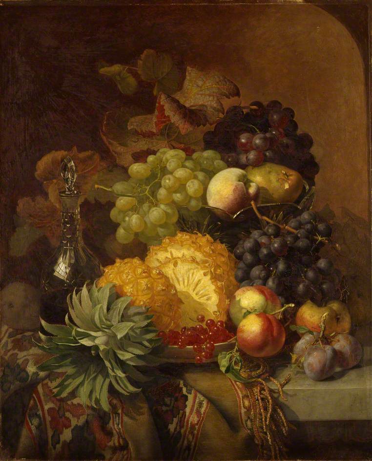 Fruit: Grapes, Peaches, Plums and Pineapple with a Carafe of Red Wine, vintage artwork by Eloise Harriet Stannard, 12x8" (A4) Poster