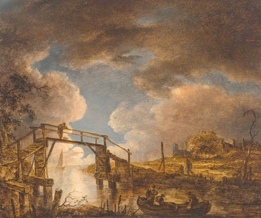 River Landscape with Anglers by  a Full Moon, vintage artwork by Aert van der Neer, 12x8" (A4) Poster