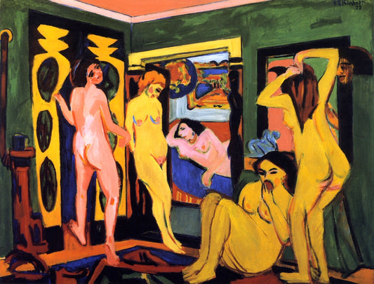 Badende im Raum, vintage artwork by Ernst Ludwig Kirchner, 12x8" (A4) Poster