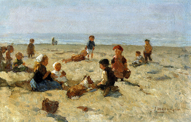 Playing on the beach, vintage artwork by Johannes Evert Hendrik Akkeringa, 12x8" (A4) Poster