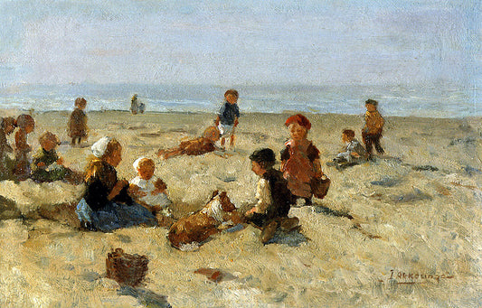 Playing on the beach, vintage artwork by Johannes Evert Hendrik Akkeringa, 12x8" (A4) Poster