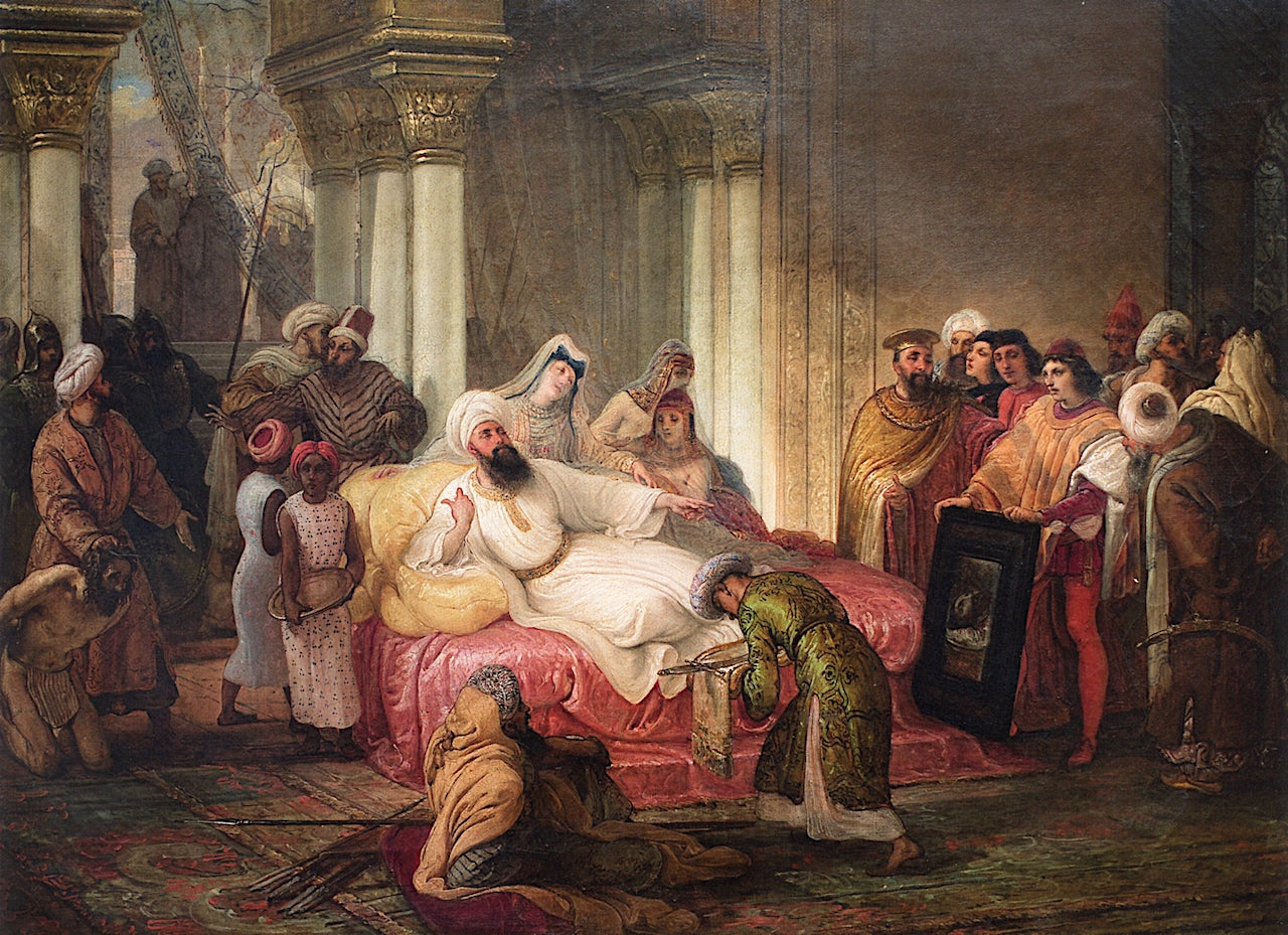 Gentile Bellini, Accompanied by  the Venetian Bailo..., vintage artwork by Francesco Paolo Hayez, A3 (16x12") Poster Print