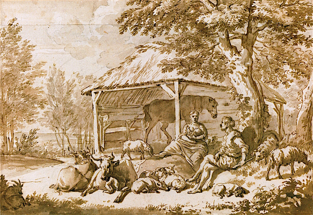 Couple Herding Cows and Sheep with a Sleeping Dog by  a Small Stable with a Horse, vintage artwork by Adriaen van de Velde, 12x8" (A4) Poster