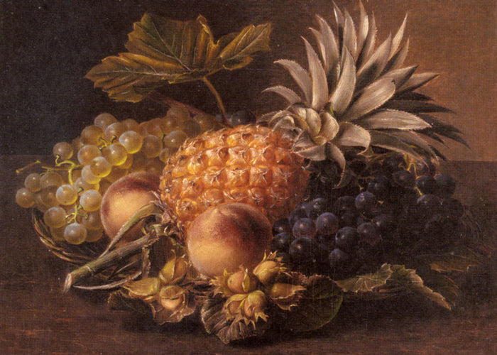 Grapes, a pineapple, peaches and hazelnuts in a basket, vintage artwork by Johan Laurentz (J.L.) Jensen, A3 (16x12") Poster Print