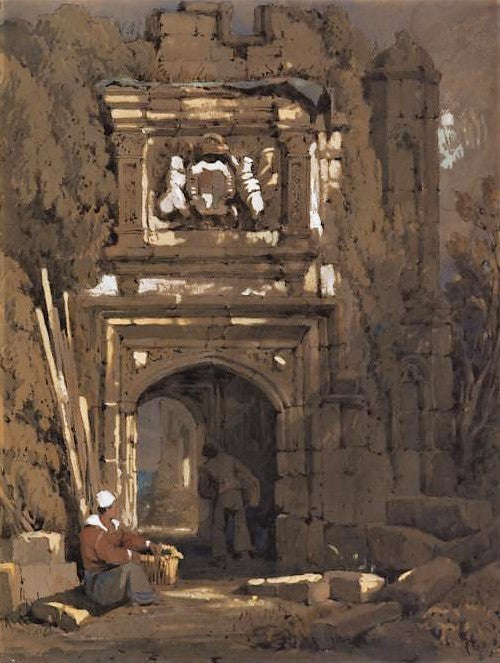 Gothic archway with a standing and a seated man, vintage artwork by Samuel Prout, 12x8" (A4) Poster