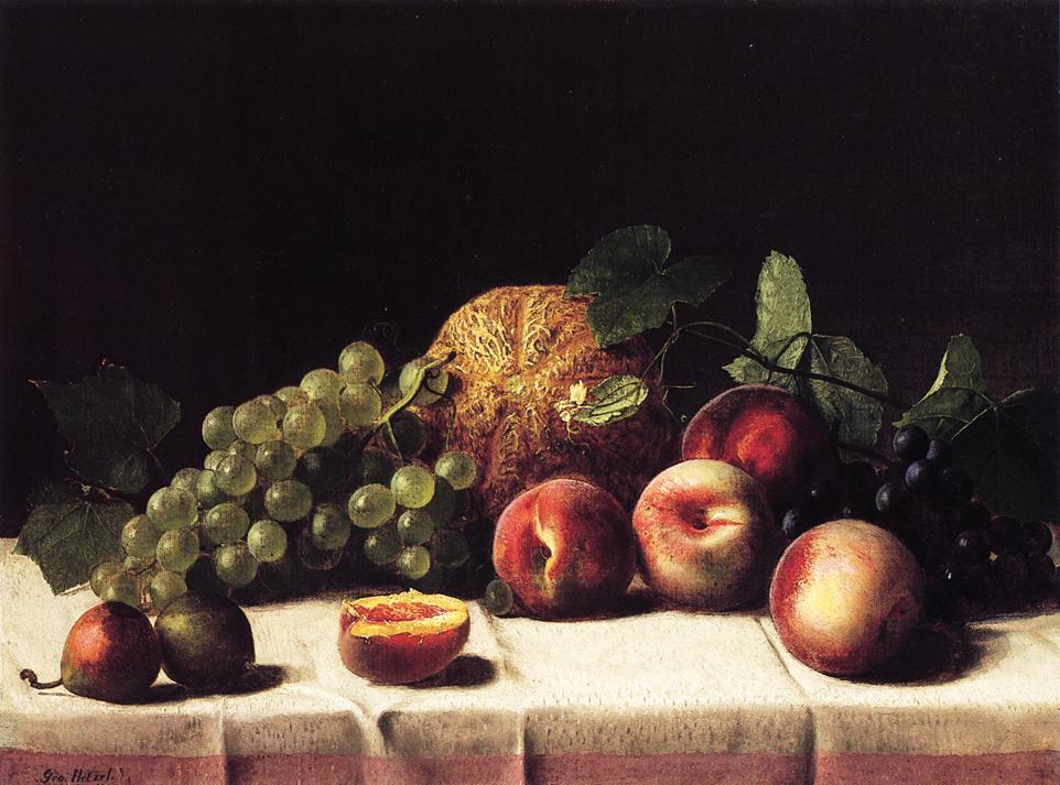 Still Life with Cantaloupe, Peaches and Grapes, vintage artwork by George Hetzel, 12x8" (A4) Poster