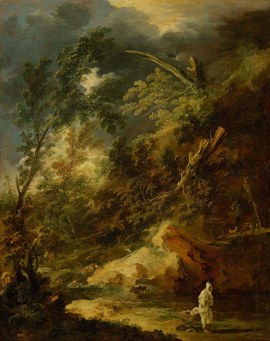 Landscape with a Monk in a Storm, vintage artwork by Marco Ricci, 12x8" (A4) Poster
