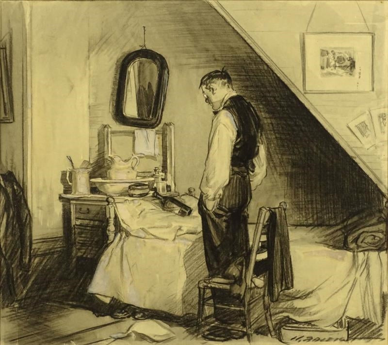 Man Staring at a Bottle, vintage artwork by Henry Patrick Raleigh, 12x8" (A4) Poster