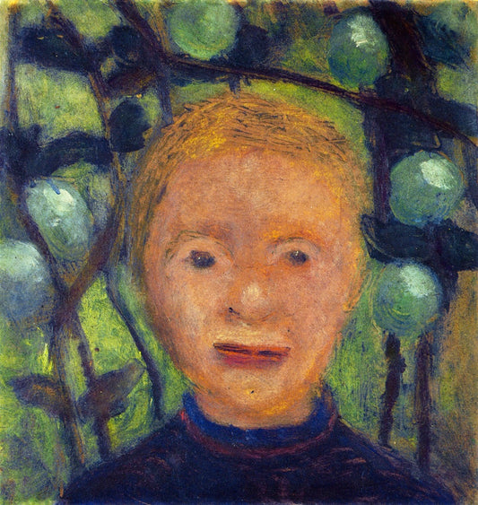 Girl's Head against Green Foliage, vintage artwork by Paula Modersohn-Becker, 12x8" (A4) Poster