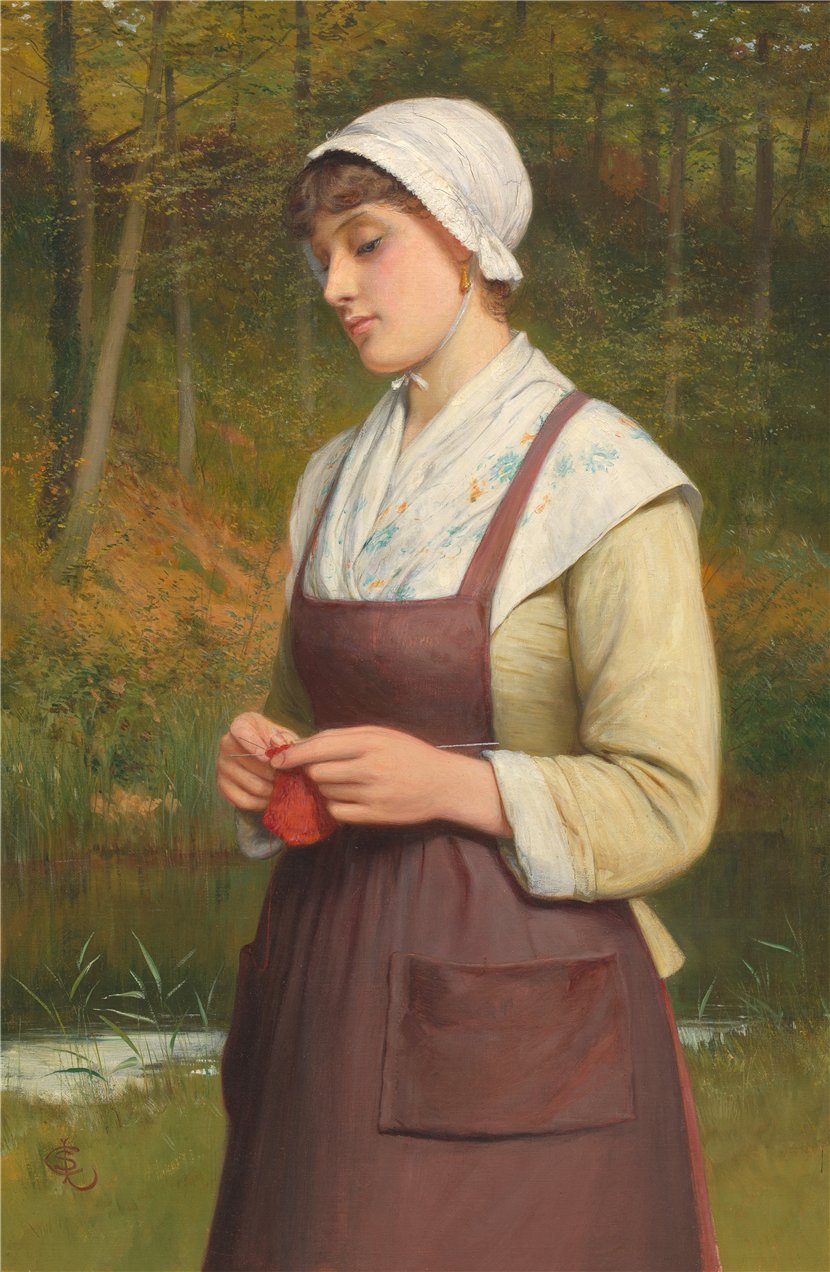 Young Woman Knitting, vintage artwork by Charles Sillem Lidderdale, 12x8" (A4) Poster