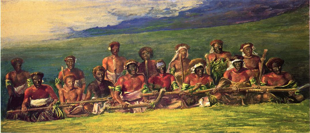 Chiefs in War Dress Seated After a Dance, Islands of Fiji, vintage artwork by John La Farge, 12x8" (A4) Poster