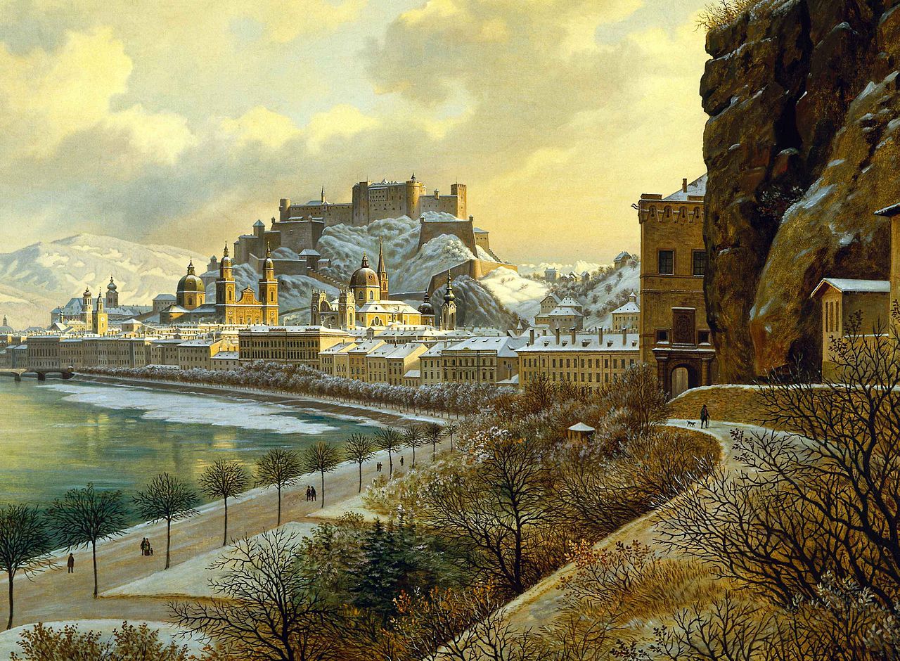 Salzburg in Winter, vintage artwork by Hubert Sattler, A3 (16x12") Poster Print