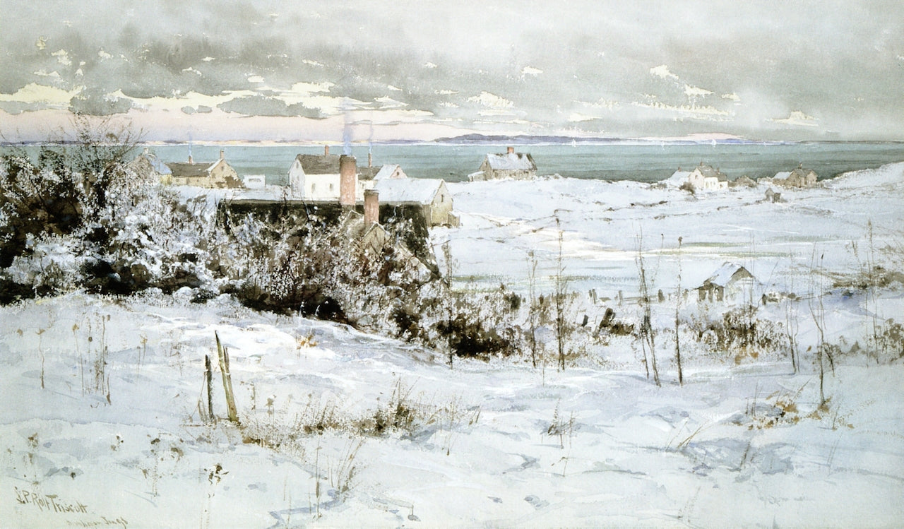 Monhegan Village in Winter, vintage artwork by Samuel P. R. Triscott, 12x8" (A4) Poster