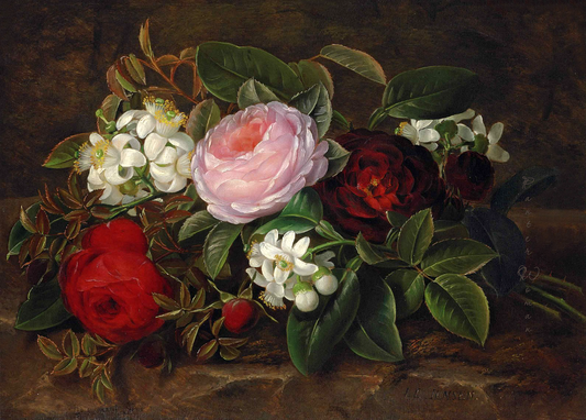 Roses and blossom on a stone ledge, vintage artwork by Johan Laurentz (J.L.) Jensen, A3 (16x12") Poster Print