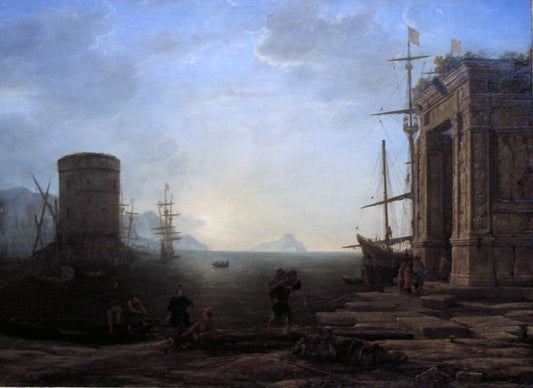 Harbour view at sunrise, vintage artwork by Claude Lorrain, 12x8" (A4) Poster