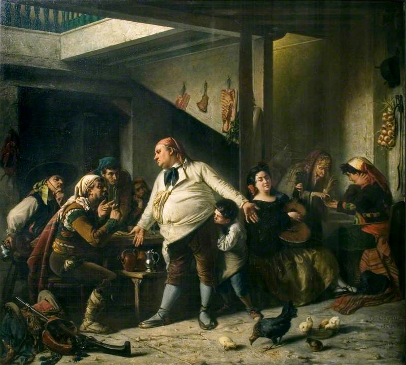 Interior of a spanish posada, vintage artwork by Charles Antoine Joseph Loyeux, 12x8" (A4) Poster