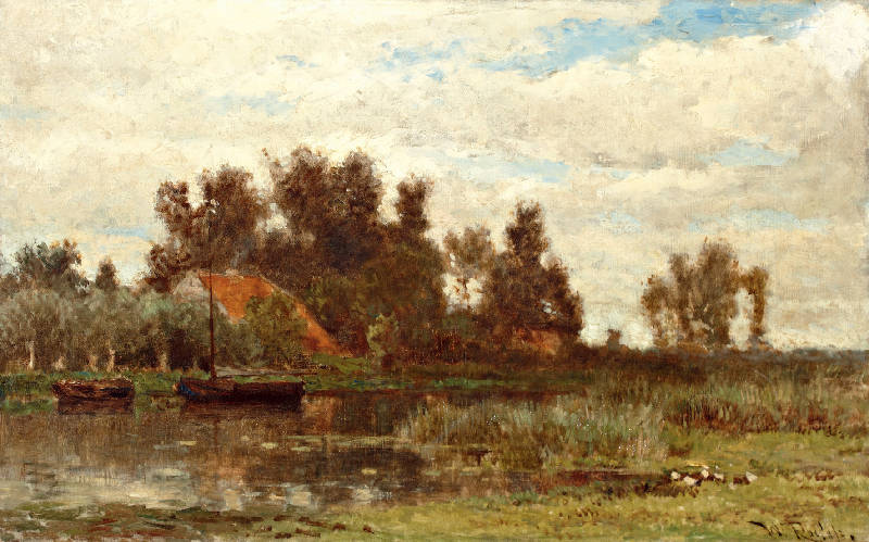 Landscape with a Farm by  the Water, vintage artwork by Willem Roelofs, 12x8" (A4) Poster