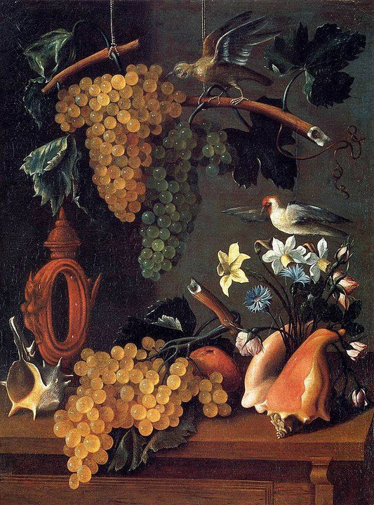 Still-Life with Grapes, Flowers and Shells, vintage artwork by Juan Bautista de Espinosa, 12x8" (A4) Poster