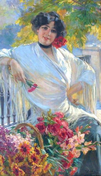 Woman with Glowers, vintage artwork by Ulpiano Checa y Sanz, 12x8" (A4) Poster