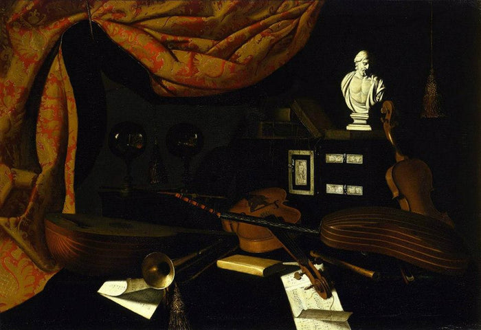 Musical Instruments with Two Glass Spheres and a Male Bust, vintage artwork by Bartolomeo Bettera, 12x8