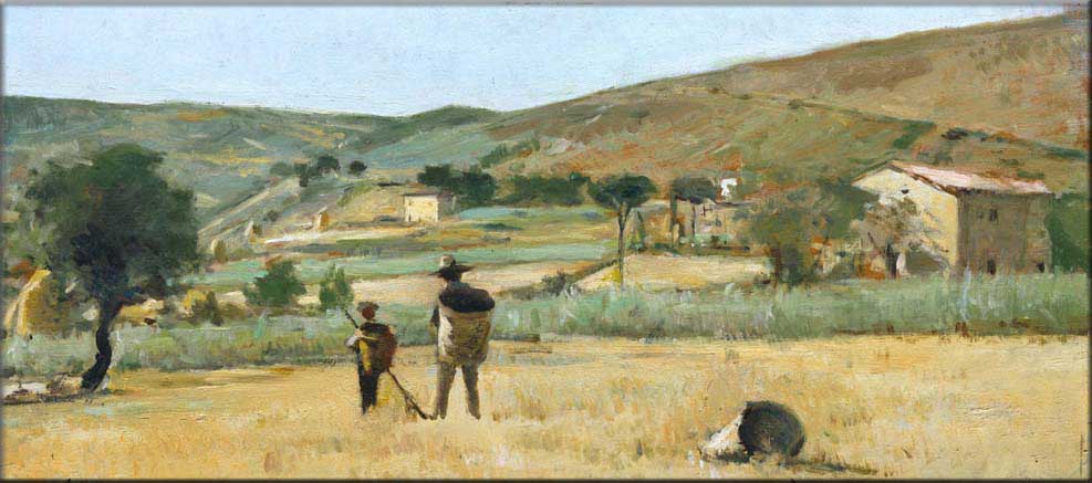 Landscape with peasants, vintage artwork by Silvestro Lega, 12x8" (A4) Poster