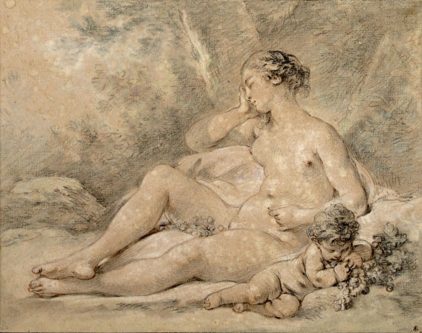 A Bacchant and a Putto Sleeping, vintage artwork by François Boucher, 12x8" (A4) Poster