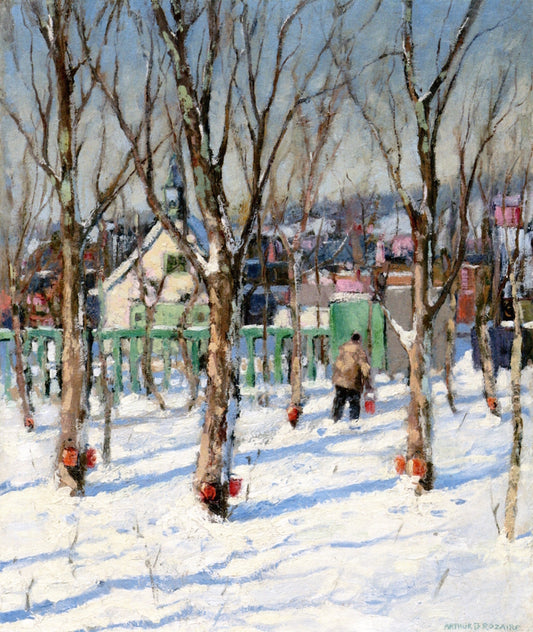 Winter, Sap Buckets, Quebec, vintage artwork by Arthur-Dominique Rozaire, 12x8" (A4) Poster