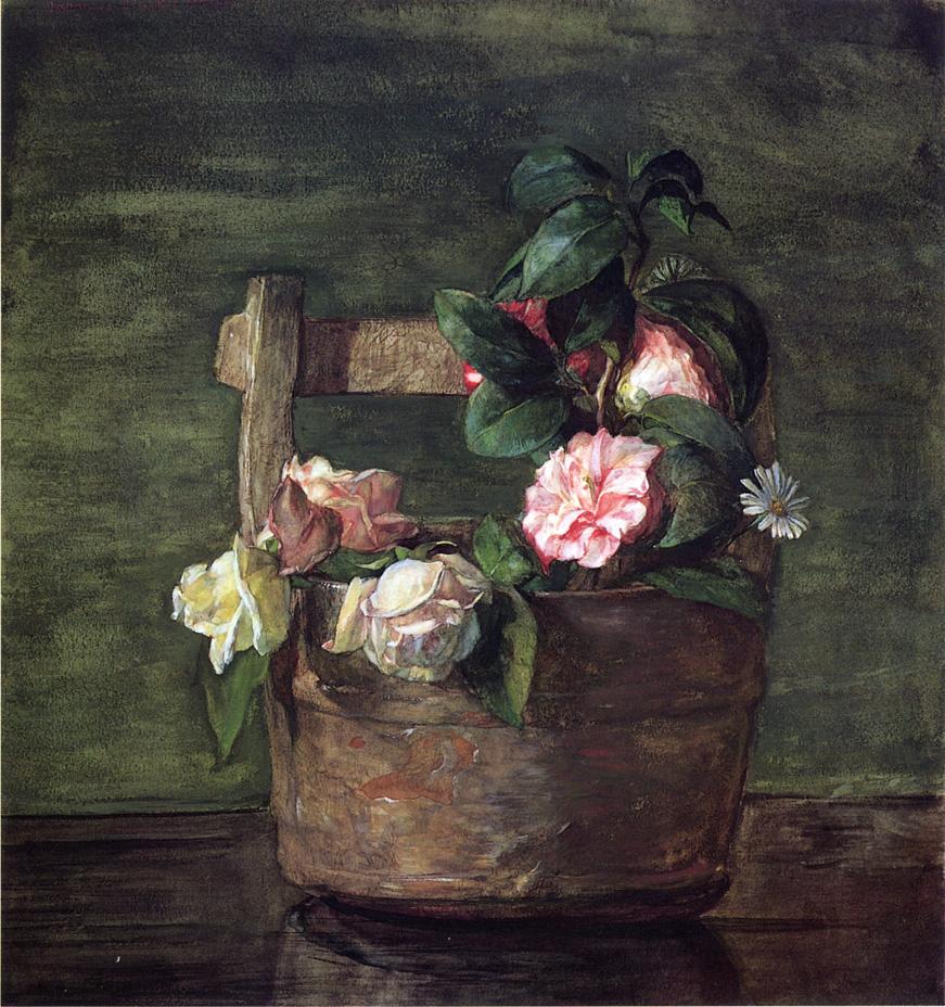 Camellias and Roses in Japanese Vase of Earthenware with Crackle, vintage artwork by John La Farge, 12x8" (A4) Poster
