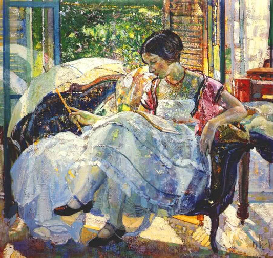 Lady reading, vintage artwork by Richard Edward Miller, 12x8" (A4) Poster