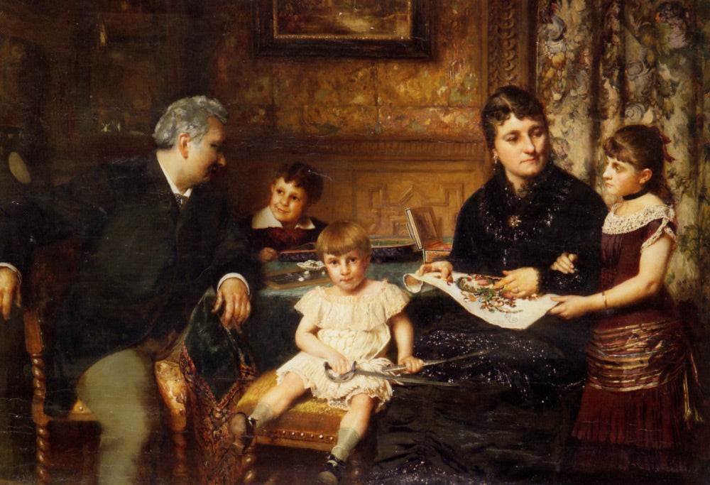 Portrait of a Family Gathered Around a Table, vintage artwork by Pierre Van der Ouderaa, 12x8" (A4) Poster